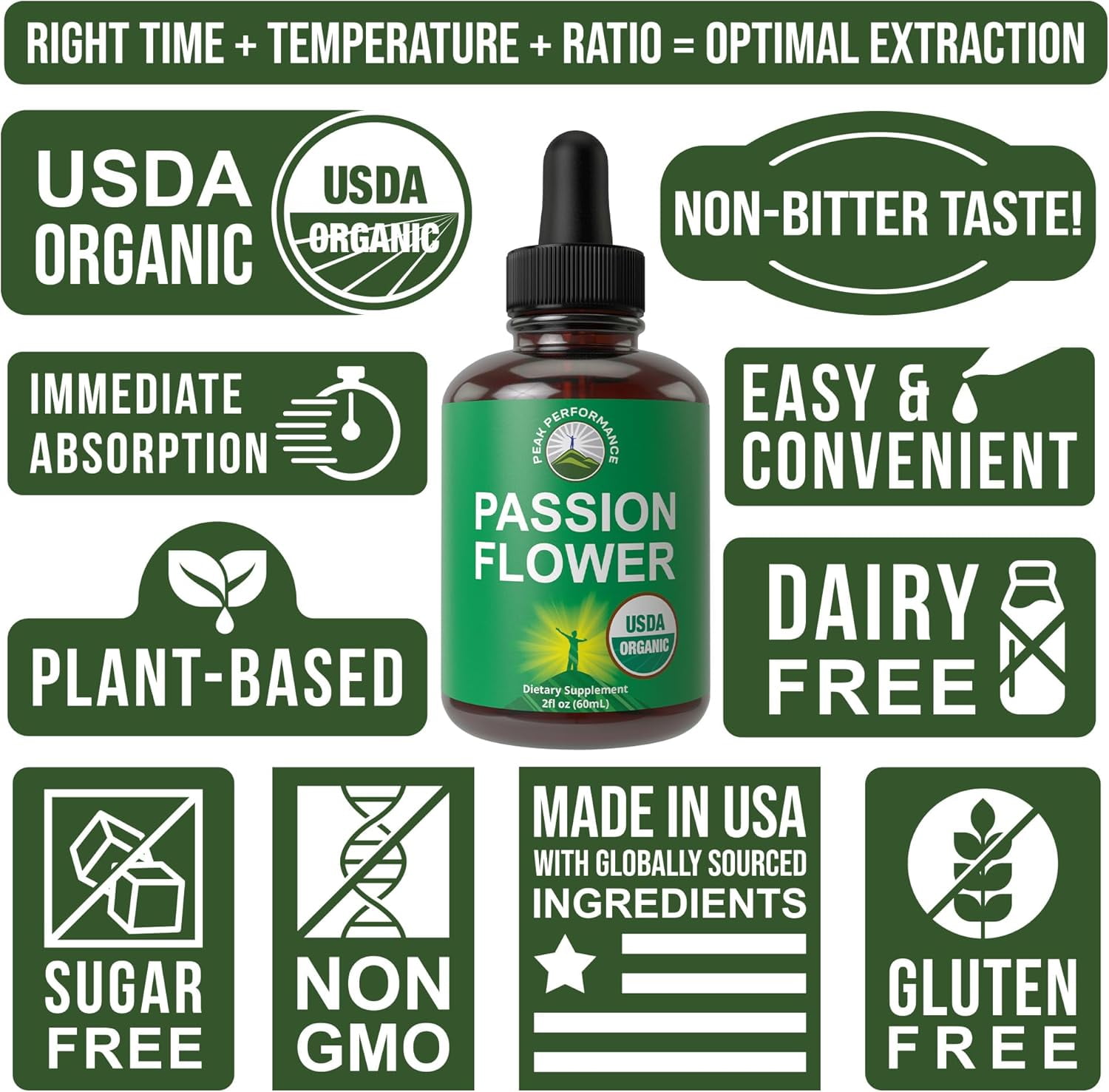 USDA Organic Passion Flower Extract Vegan Liquid Drops for Calm, Relaxation Support.
