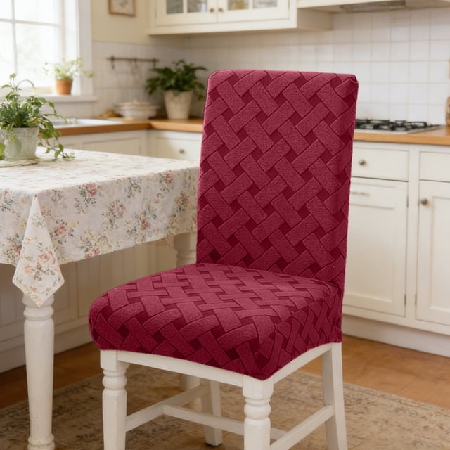 Polyester Housses de Chaise en 2 Pcs Housses de Chaise de Salle à Manger Jacquard Rouges Épaissies Élastiques Anti-Poussière avec Motif Croisé JASKFLY