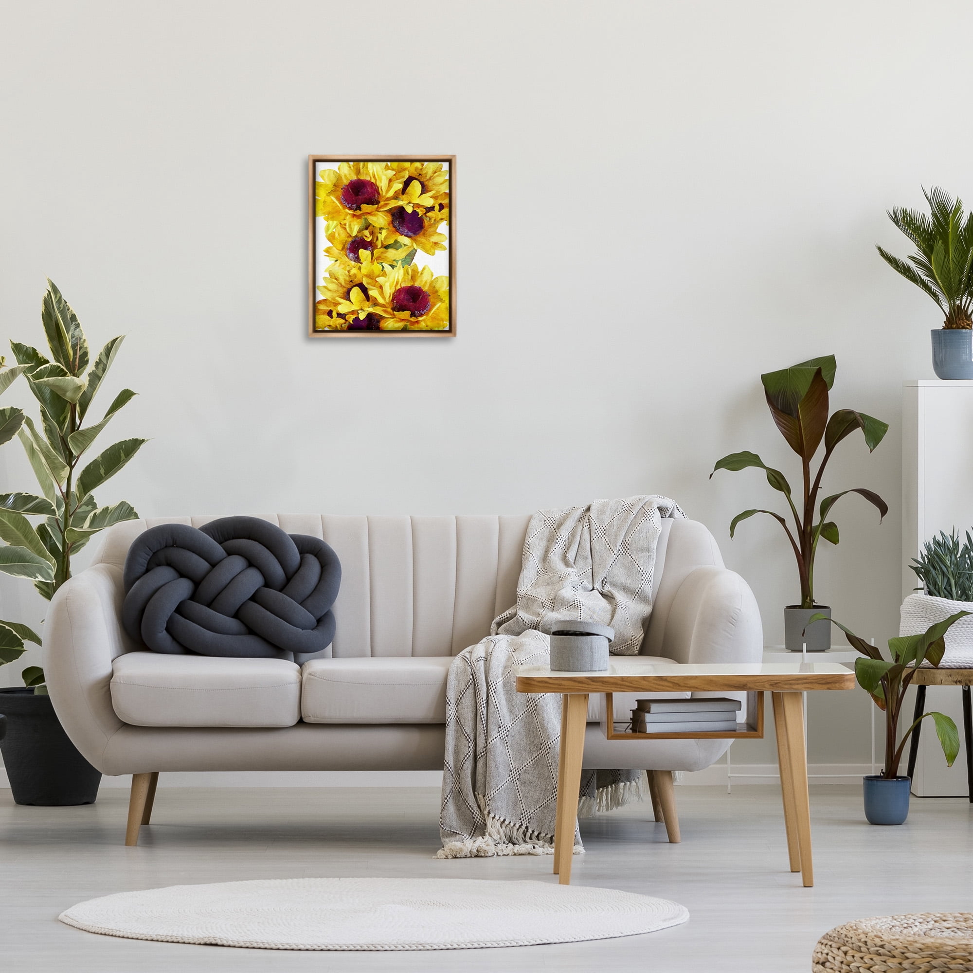 Stupell Industries Overlapping Sunflower Blooms Botanical & Floral Painting Brown Floater Framed Canvas Art Print Wall Art, 17 x 21