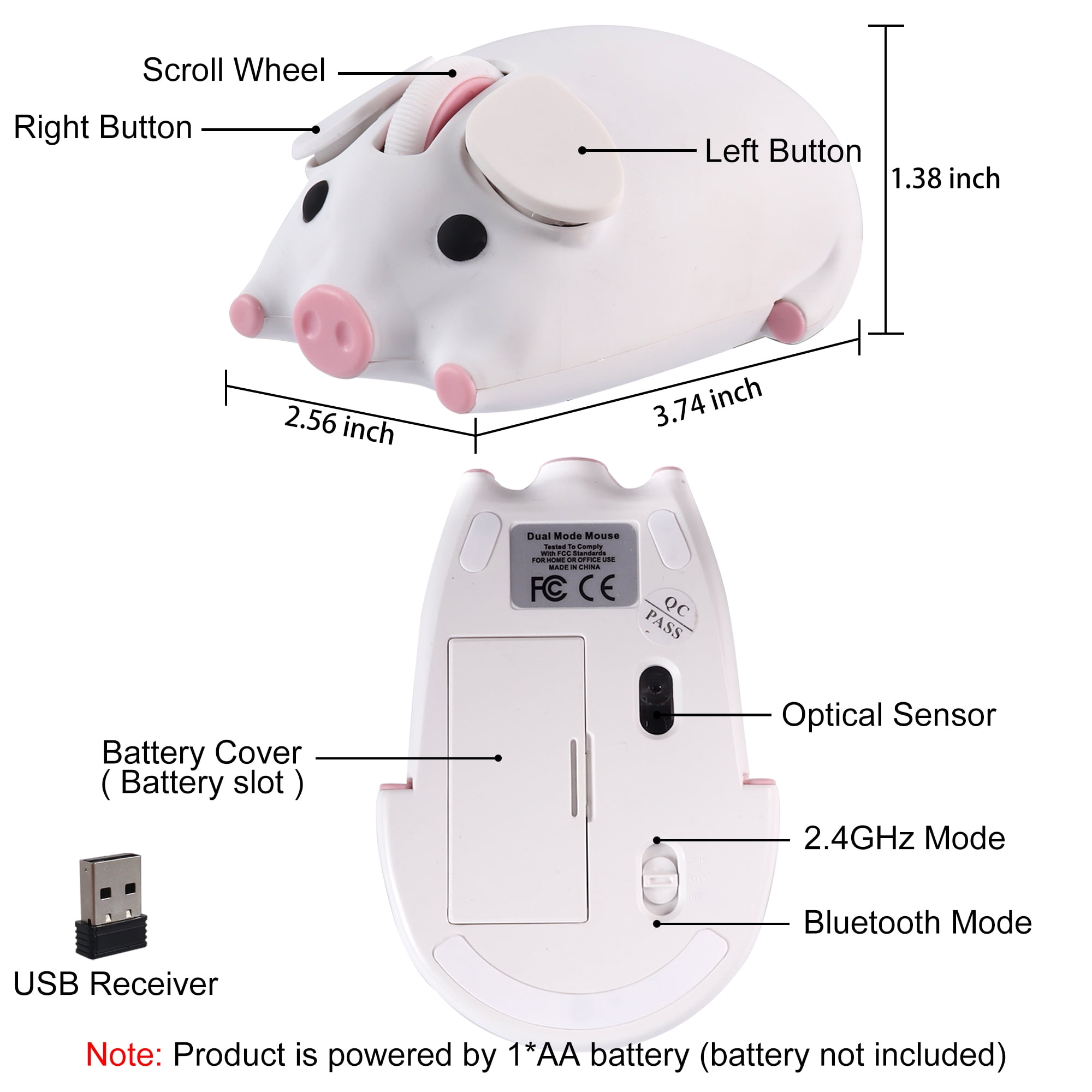 Dpisuuk Wireless Bluetooth Mouse Cute Animal Pig Shape 2.4G & Bluetooth Dual Mode Computer Mice with USB Receiver Portable Compact Optical Cordless Mouse for Laptop PC Notebook Kids Gift, White