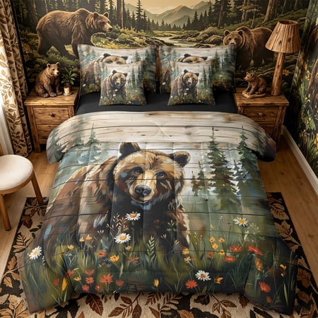 Castle Fairy Wood Plank Brown Bear Full Size Bedding Sets 7 Pieces for Teens Wild Daisy Pine Autumn Meadow Full Size Bed in a Bag Brown Green Orange Black Reversible
