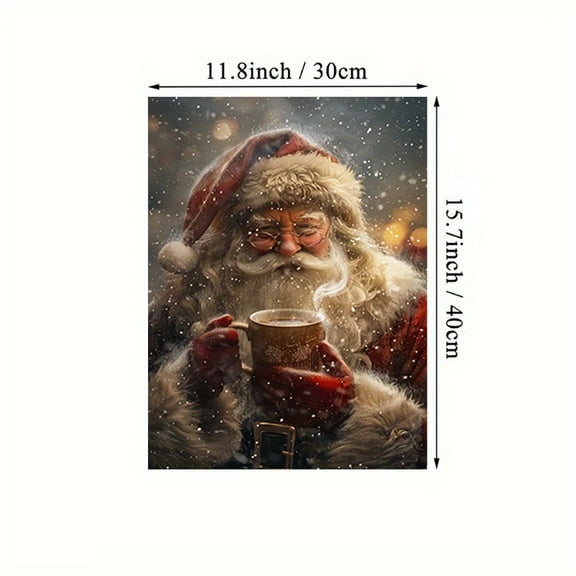 2D Flat, 1pc Framed Canvas Wall Art - Santa Drinking Coffee in the Snow Christmas Poster with Wood Frame, Large Holiday Decor for Living Room, Bedroom
