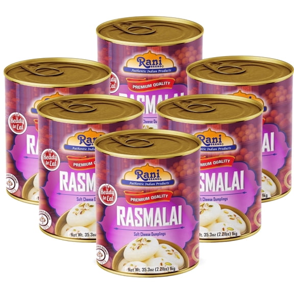 Rani Rasmalai (Soft Cheese Dumplings) 35.3oz (2.2lbs) 1kg, Pack of 6, Approximately 14 pieces, Easy Open Lid ~ Ready to eat | Gluten Free | Non-GMO | Kosher | Indian Origin