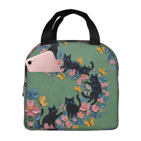 Black Cat Insulated Lunch Bag Reusable Lunch Box For Women Men Leakproof Thermal Meal Prep Tote With Front Pocket For Work Office Picnic Travel Beach