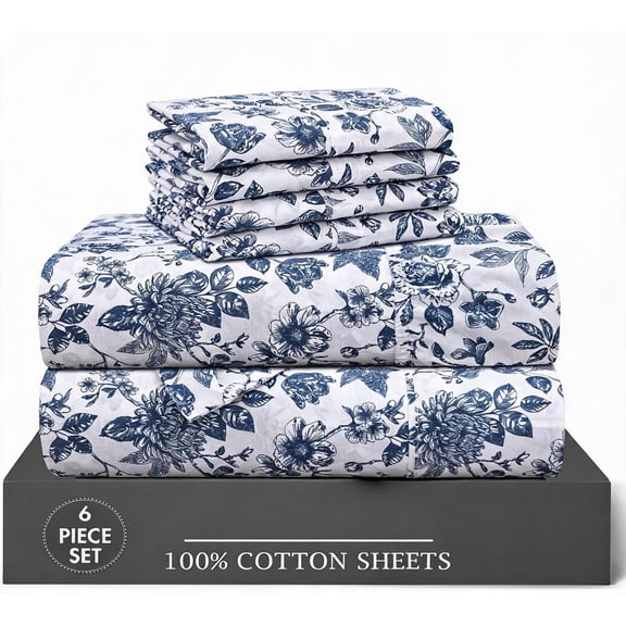 100% Cotton Percale King Sheets Deep Pocket 16 Inch Cooling Breathable Lightweight Crisp Hotel Style 6 Piece Set Color Wild Flower