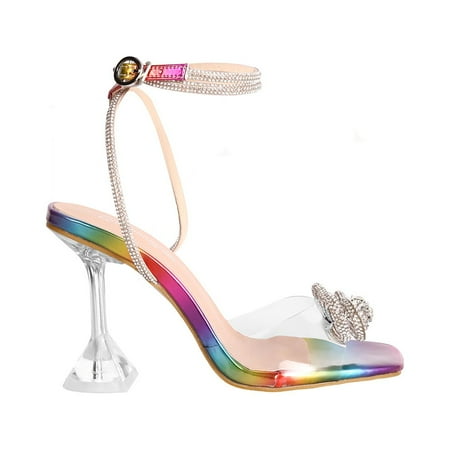 

Party Sexy Rhinestone Bow High Heels Women s Square Toe High Heels Open Toe Ankle Strap Transparent Stiletto Sandals Women