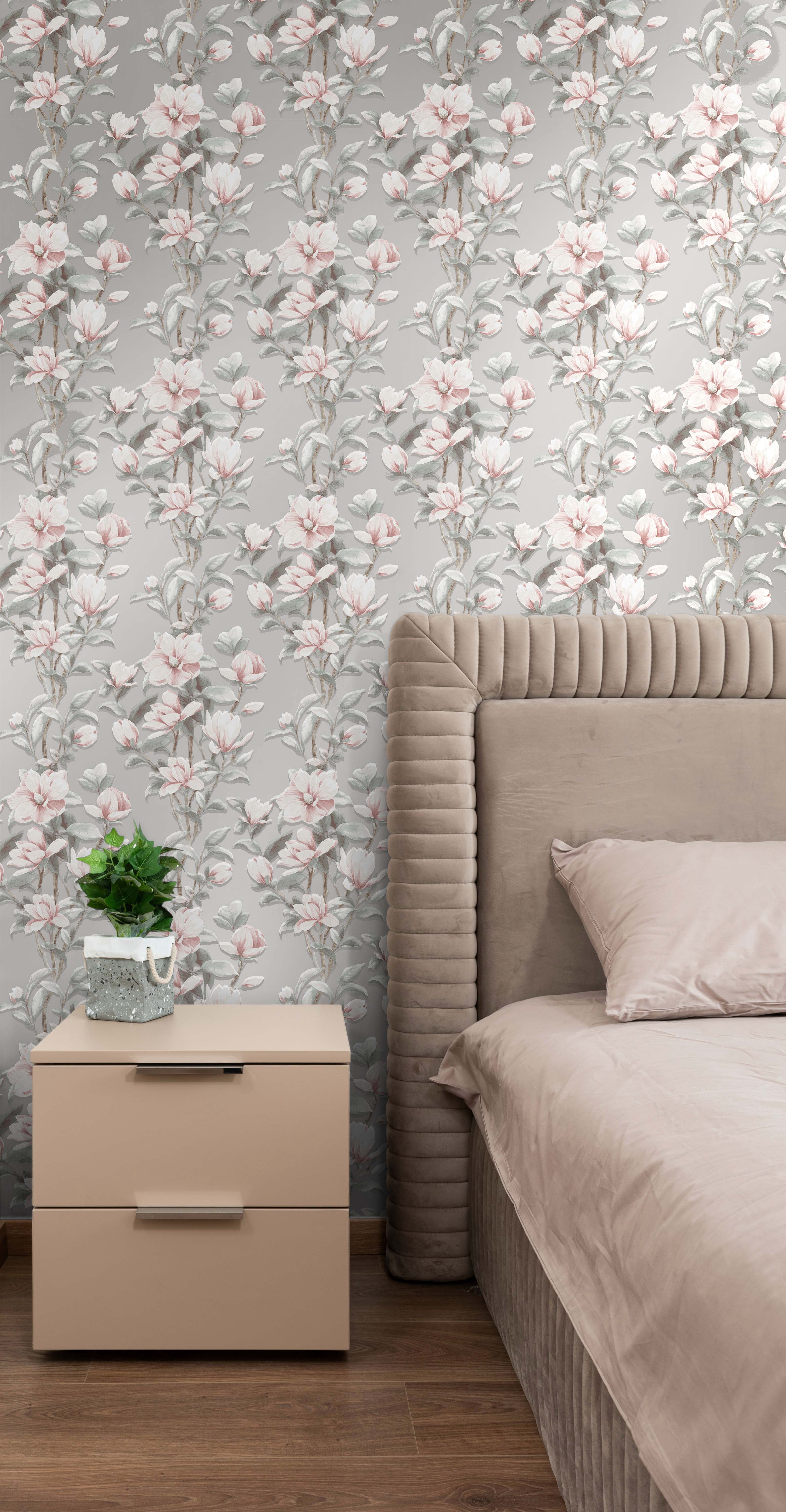 NextWall Metallic Silver & Petal Pink Magnolia Trail Peel and Stick Wallpaper