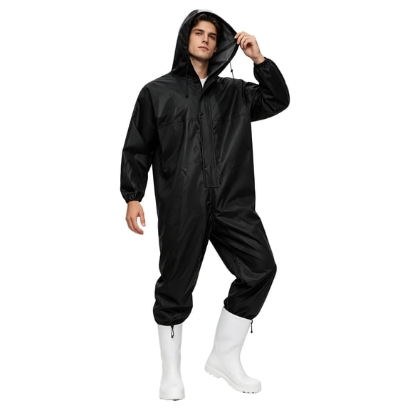 Kvysinly Unisex Hooded Raincoat Work Jumpsuit Rain Suit One Piece Coveralls Rainwear Waterproof Overalls Black 185