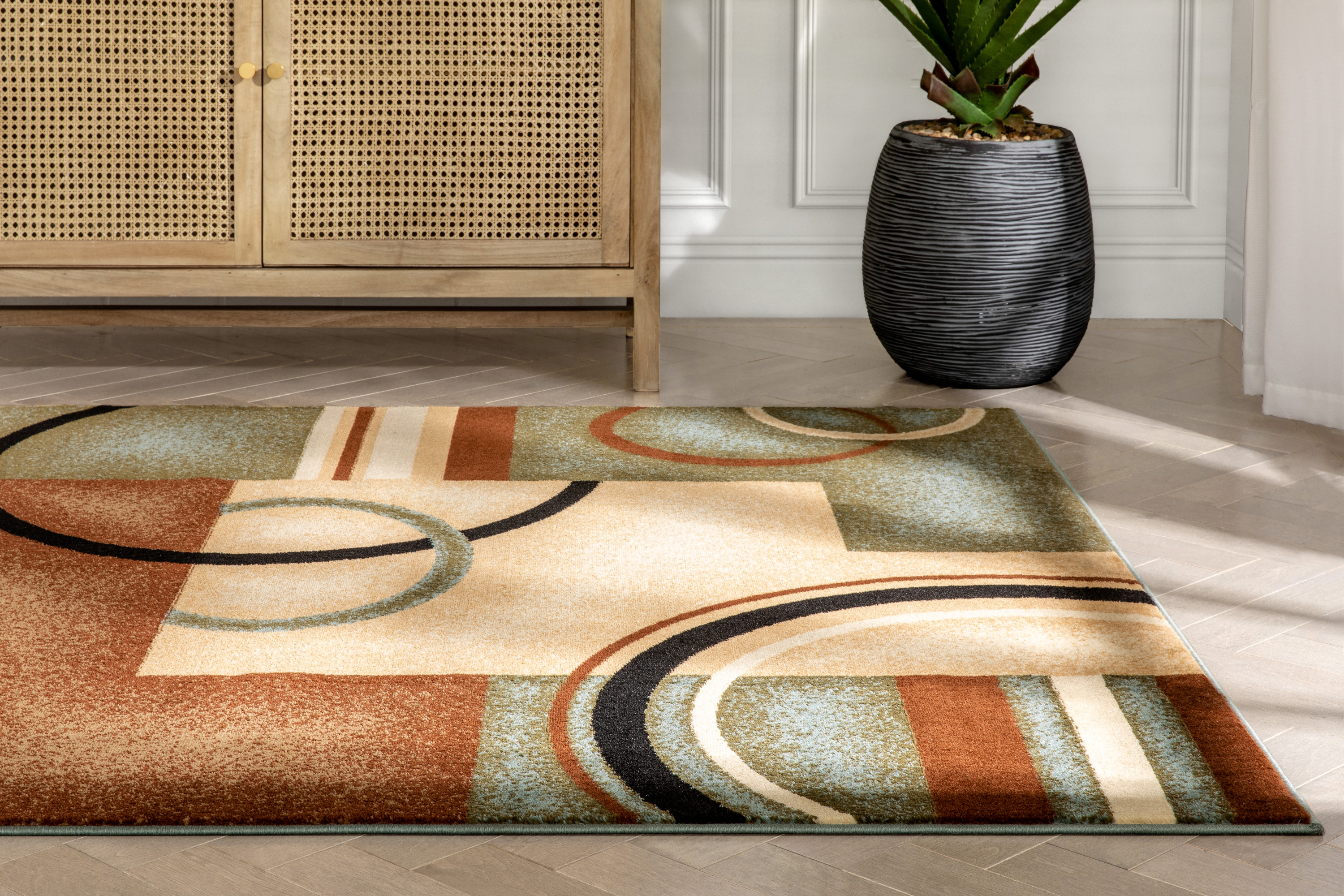 Well Woven Deco Rings Red Ivory Light Blue Geometric Modern Casual Area Rug Easy to Clean Stain Fade Resistant Shed Free Abstract Contemporary Color Block Boxes Lines Soft Living Dining Room Rug