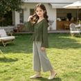 thumbnail image 4 of SGFCWSX Girls 2 Piece Outfits Bell Sleeve V Neck Peplum Tops Striped Wide Leg Pants Casual Clothes Set Green Size 13, 4 of 8