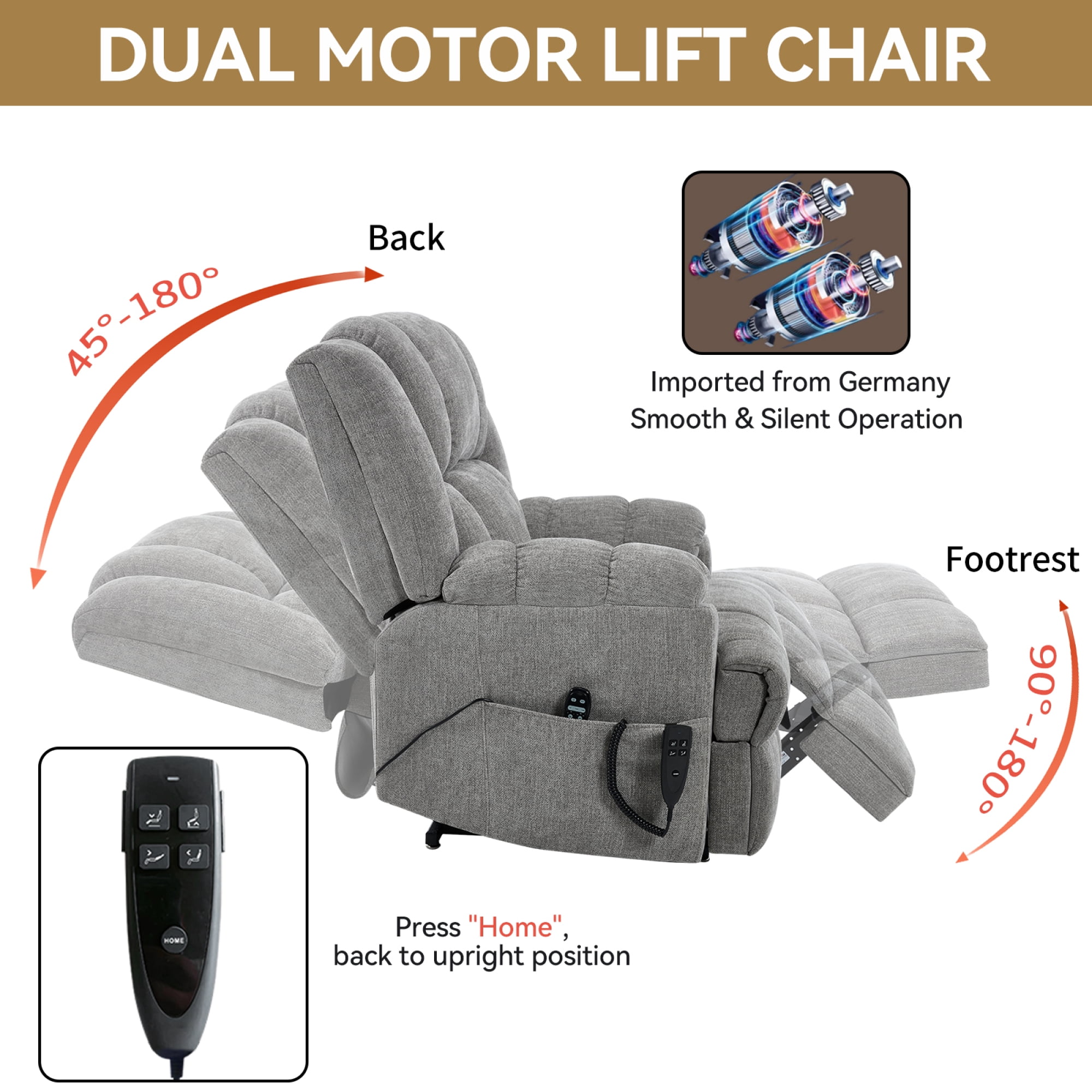 Leumius Large Power Lift Recliner Chair for Elderly,Heavy Duty Dual Motor Chenille Electric Recliners Chair with Massage and Heat for Living Room,Light Gray