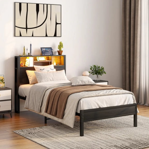Twin Size Square Loft Bed with Metal Frame and LED Lights and Storage Black