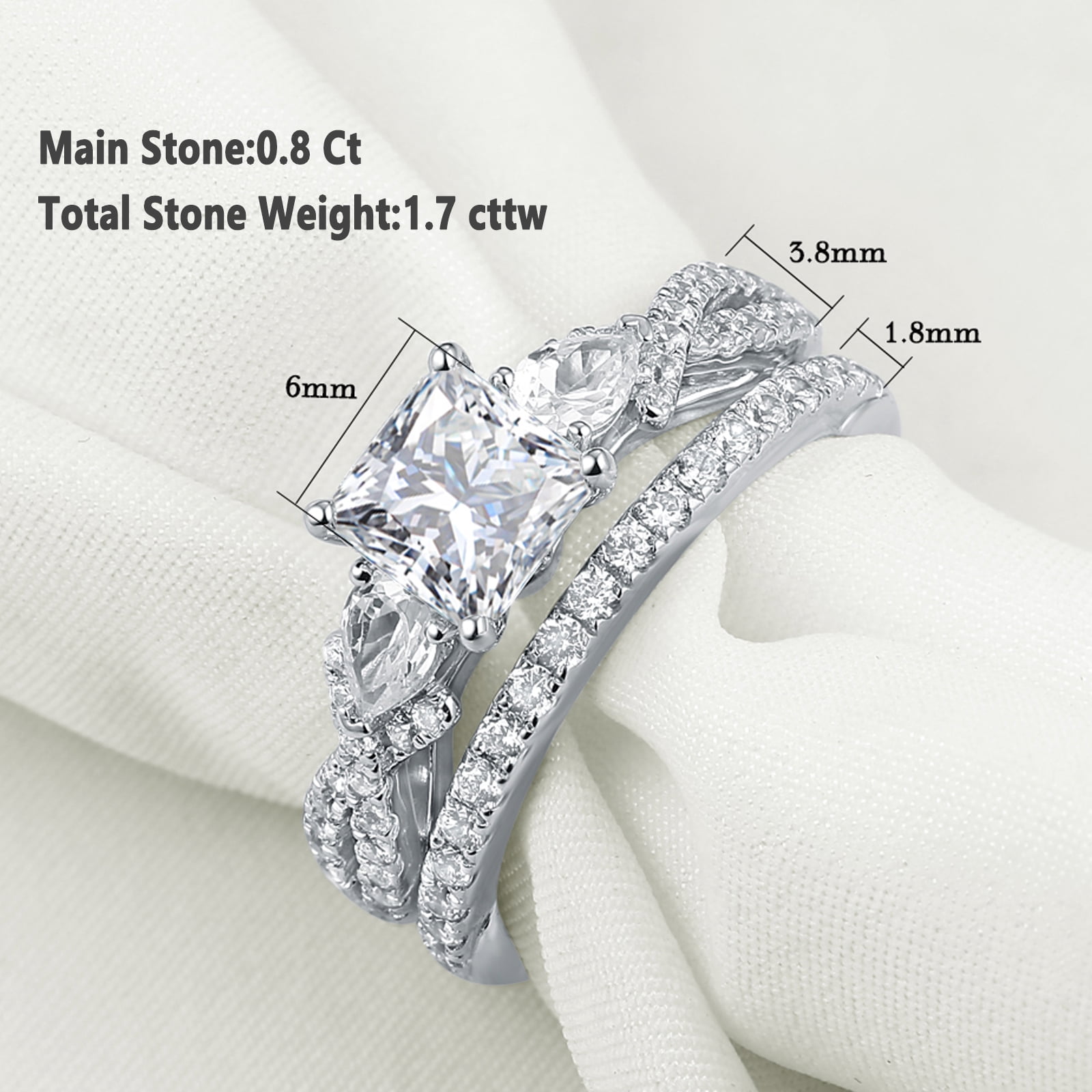 Newshe 1.7ct Princess Pear Wedding Rings for Women White AAAAA Cz Engagement Bridal Ring Set Size 6