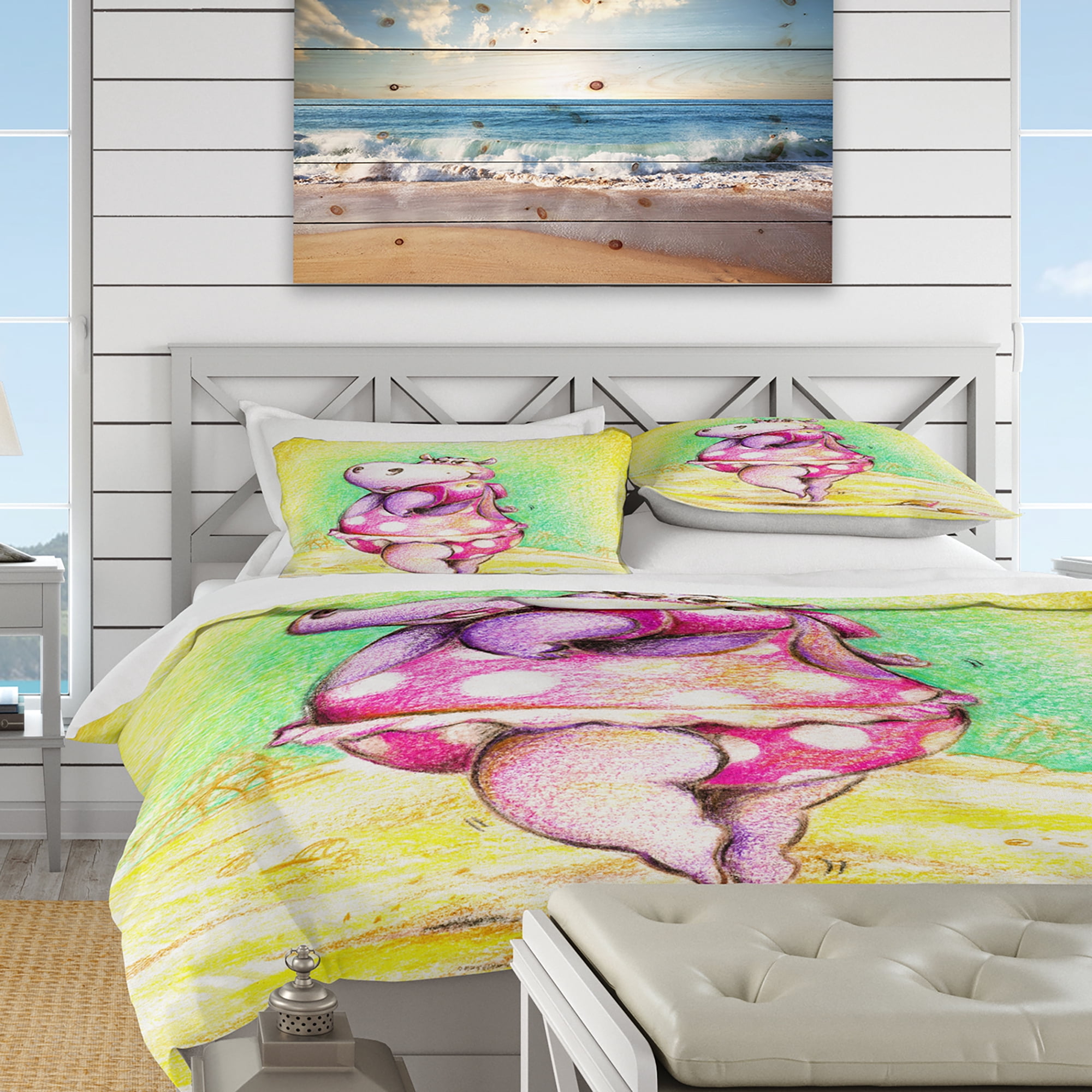 Designart 'Cute Hippo Goes Swimming' Tropical Duvet Cover Set
