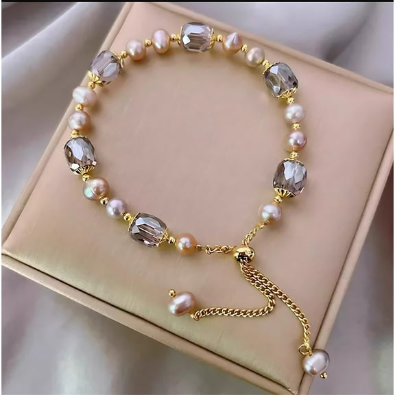 KeirineCC Simulated Pearl Stackable Stretch Bracelet, Lucky Pearl with Purple Stone Bracelet, Beaded Ball Adjustable Elastic Bangles for Gift Women Wedding Jewelry