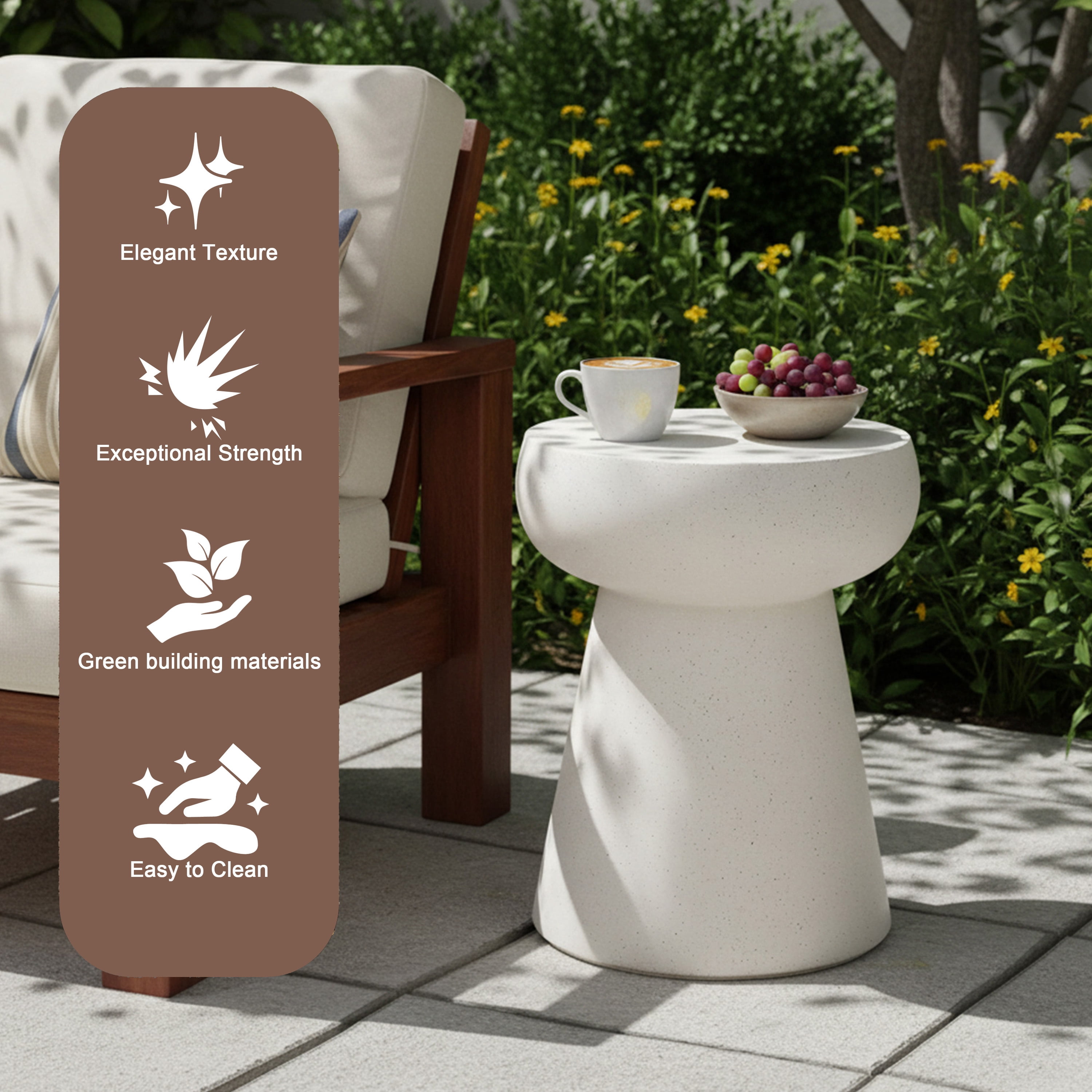 Mintazer 19.68" H Mushroom-Shaped Outdoor Side Table, Geometric Pedestal End Table with Travertine Texture, Modern Accent Table for Patio Living Room, Beige & Yellow