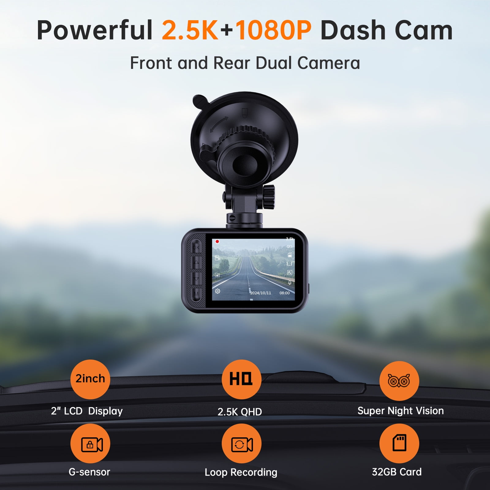 Dash Cam, Dash Cam Front and Rear, Ecomoment 2560P Mini Car Camera, 2 inch IPS Screen, WDR Night Vision, G-Sensor, 32GB Card, Support 256GB Max, Black