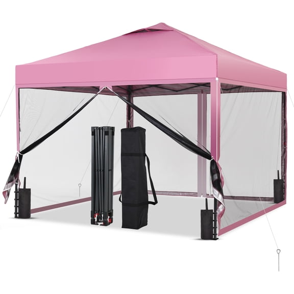 Outdoor Basic 10x10ft Pop-Up Canopy Tent — with 4-Nettings & Vented Top, Portable Outdoor Event Tent for Garden, Poolside, Parks, Parties,Camping, Pink