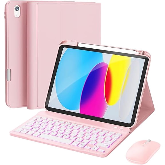 Compatible for iPad 11th (A16, 2025) / 10th Generation Case Keyboard, Mouse and Detachable Wireless Keyboard, 7-Color Backlight, Slim Case Pencil Holder, Light Pink