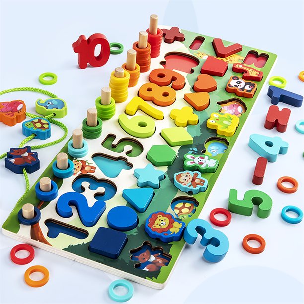 Juguetes de pesca de madera para niños, bloques de apilamiento de números, juguetes educativos tempranos para niños, placa logarítmica de cuentas de bosque espesado Inevent FN0391-06B