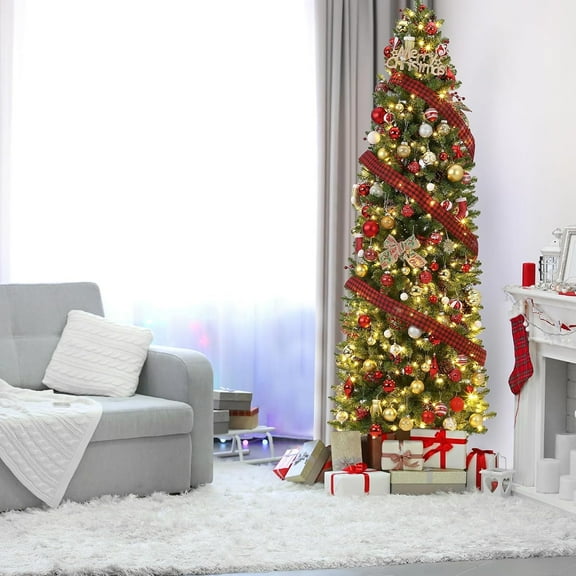 Ataucjin 7.5FT Flocked Christmas Tree, Artificial Christmas Tree with 350 Lights, Prelit Christmas Tree with 8 Modes Lights, Foldable Stand, On/Off Foot Pedal