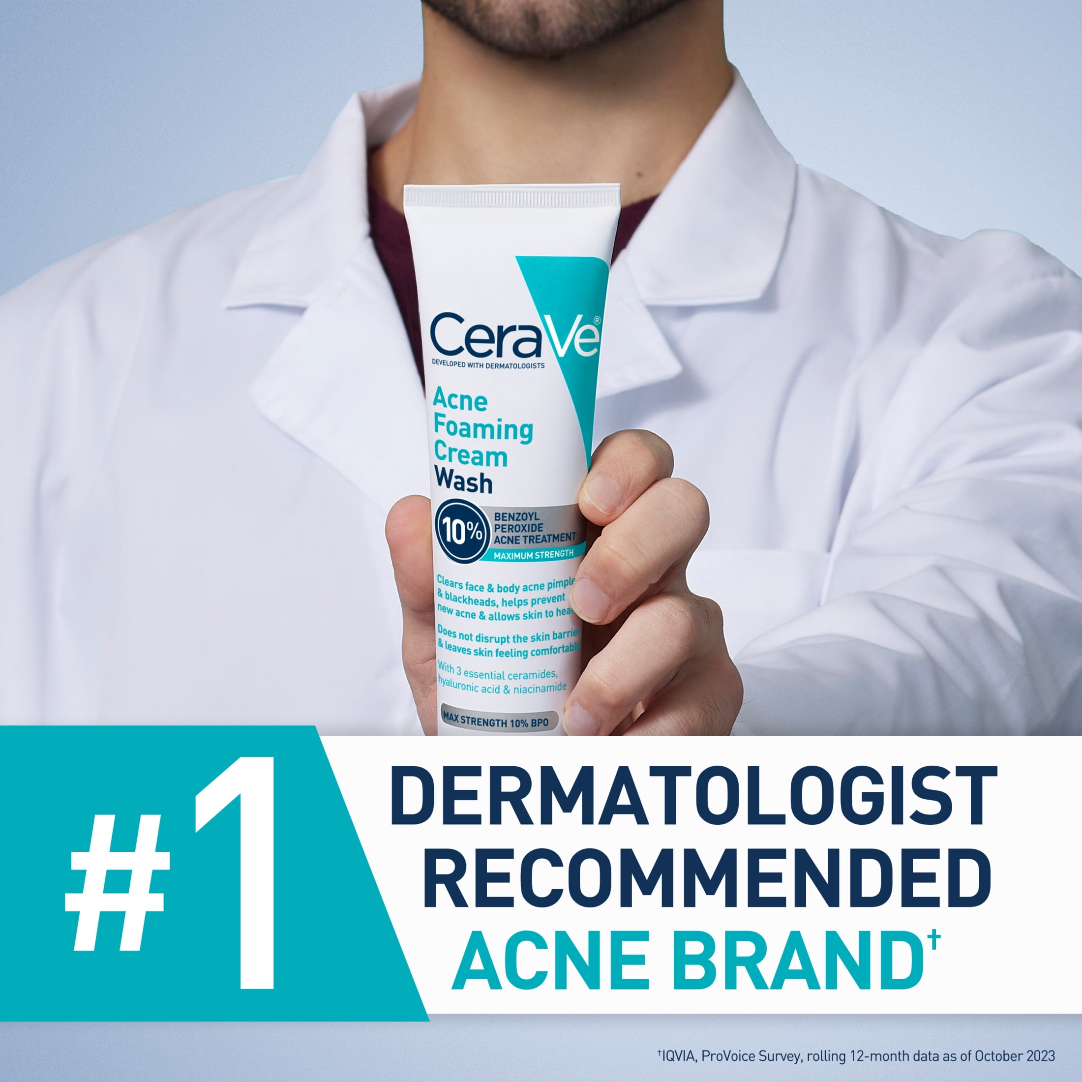 CeraVe Acne Foaming Cream Face Wash, 10% Benzoyl Peroxide Treatment, 5 fl oz