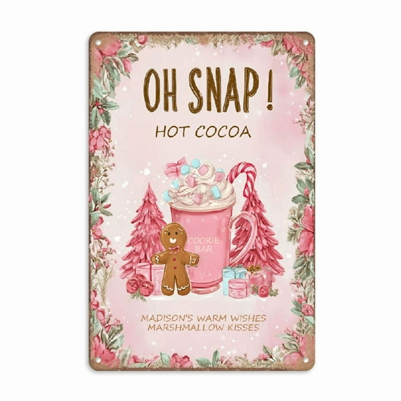 Vintage Pink Christmas Decor Gifts Rustic Hot Cocoa Cookies Bar Gingerbread Tin Sign for Home Farmhouse Cafe Wall Decor 8 x 12 inches for Christmas Decorations, 2D Flat