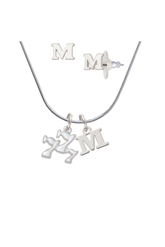 Three Lucky 7s - M Initial Charm Necklace and Stud Earrings Jewelry Set
