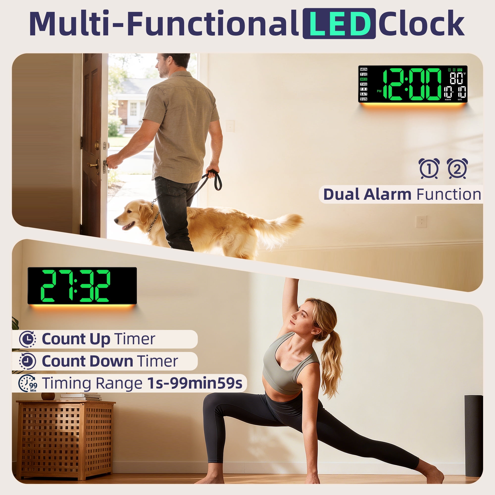 16.5" Large Digital Wall Clock with Remote Control, Auto-Dimming LED Display with Date Temp, Big Number Wall Mount Decor Clock for Seniors, Classroom, Dorm, Home, Office, Gym Green