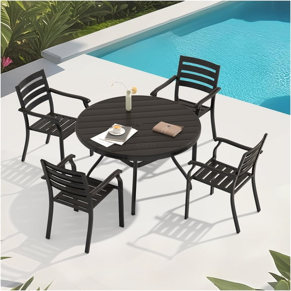 JERFIT 4-Person Outdoor Dining Set with Stackable Chairs, 40.6 Inch Round Metal Table & Chairs for Patio, Garden, Backyard or Deck, Black