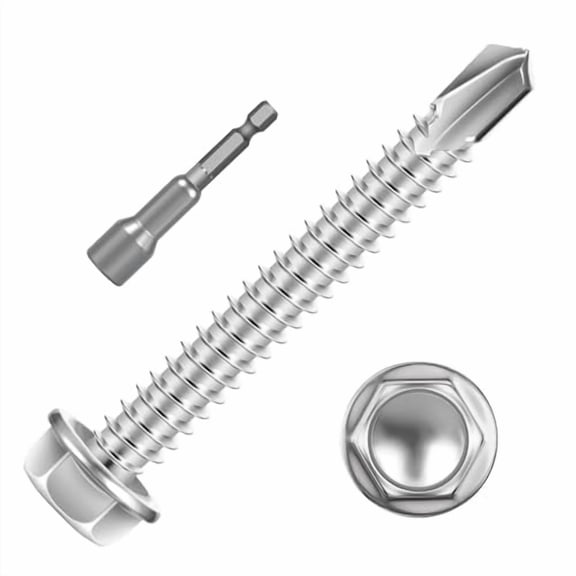 #14 x 2 (100 PCS) Sheet Metal Screws, Hex Washer Head Self Drilling Screw, 410 Stainless Steel Flanged Fast Self Tapping Screws