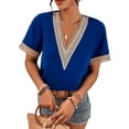 thumbnail image 3 of Txlixc Tops sueltos para mujer, manga corta, cuello en V, informal, fiesta, club, primavera, verano, patchwork Txlixc  Casual, 3 of 5