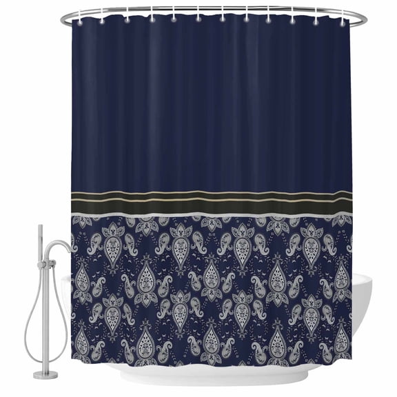 Boho Navy Blue Flower Shower Curtain, Waterproof Shower Curtains for Bathroom, Abstract Bohemia Pesley Floral Washable Fabric Bathtub Curtain Set Bath Decor with 12 Hooks 72"x78"