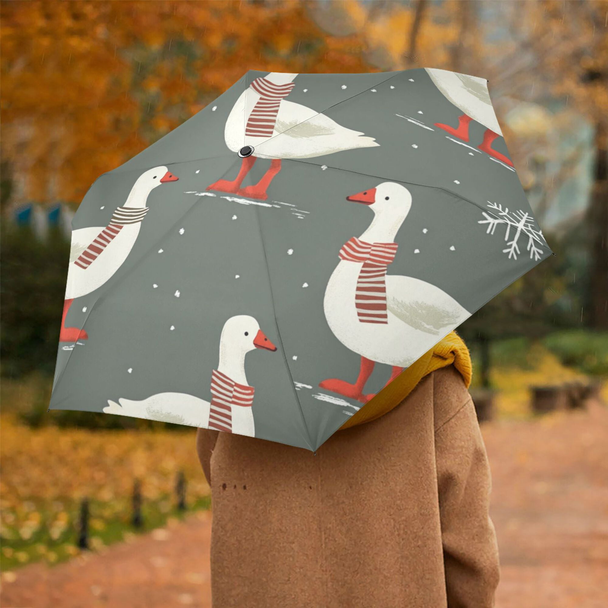 FORMRS Travel Umbrella Folding Auto Open Close Windproof Rain UV Protection, Winter Goose