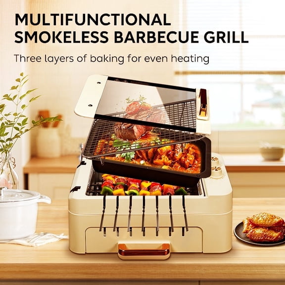 3 In 1 Indoor Electric Tabletop Grill with Removable Lid,Dual Zone Cooking
