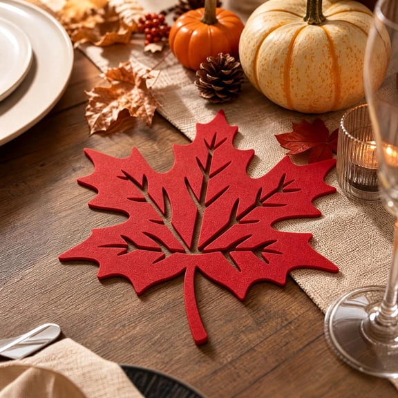 Fall Maple Leaf Placemats Thanksgiving Harvest Maple Leaf Shaped Placemats Felt Non-Slip Heat Resistant Cutwork Place Table Mats Coasters for Autumn Fall Home Table Decor