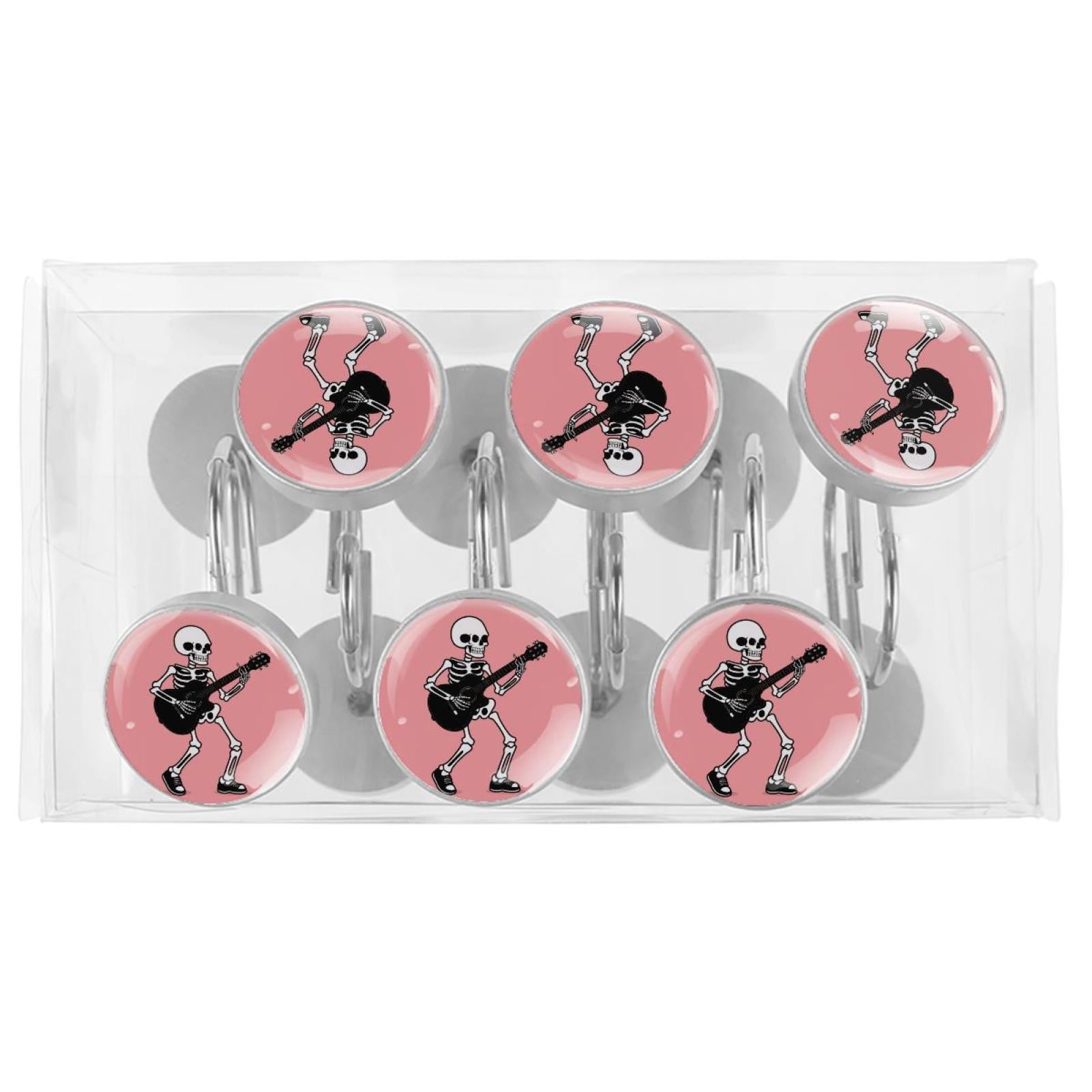 12pcs Decorative Shower Curtain Hooks, Rust Resistant Shower Rings for Bathroom Living Room,Rustproof Stainless Steel Rings for Shower Curtain and Liner Rods,Guitar Skeleton Pink