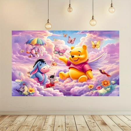 Winnie the Pooh and Friends cartoon tapestry, butterflies and flowers - the ideal birthday party and holiday decoration, birthday party decoration