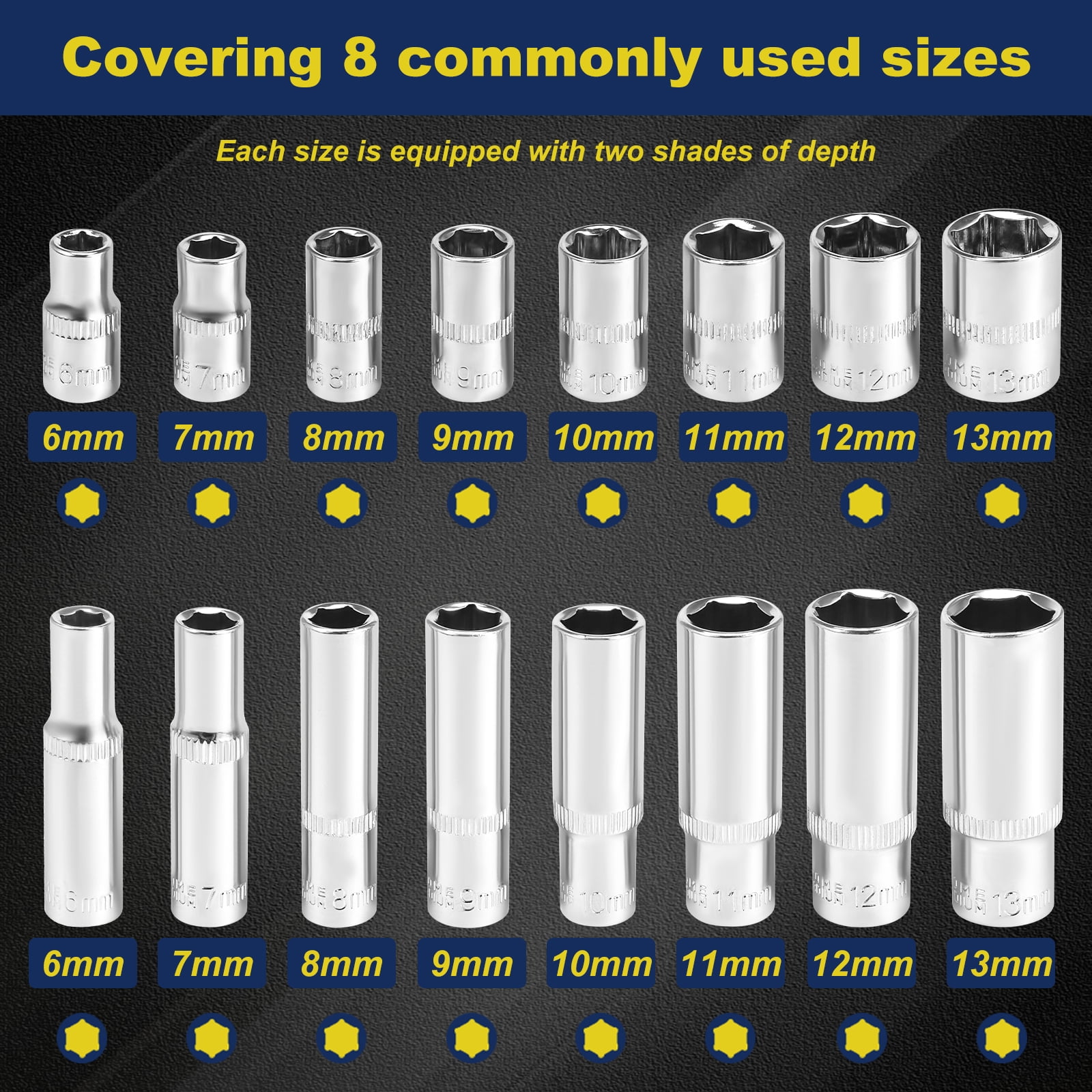 32 Pcs 1/4" Drive Socket Set 6 Point Design Deep and Shallow Socket Set Metric Size 6mm-13mm Mirror Chrome Finish with Storage Holders