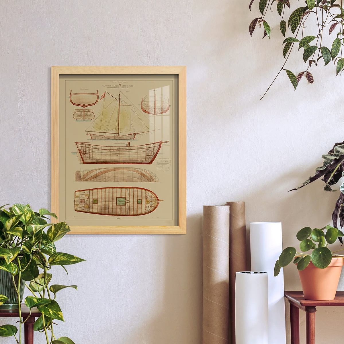 Antique Ship Plan III -Framed Print w/glass-Natural Wood