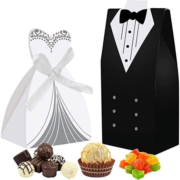 Zhuge 100Pcs Wedding Candy Favor Boxes, Bride Groom Gift Wrap Box, Wedding favours for Guests,Friends(Bride 50pcs+Groom 50pcs)