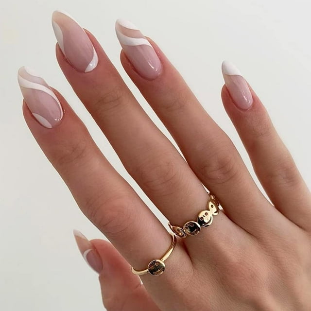 Uñas de almendra de longitud media con diseños, uñas acrílicas de rayas blancas desnudas, uñas adhesivas para mujeres, pegamento artificial en uñas, uñas postizas abstractas para decoración de