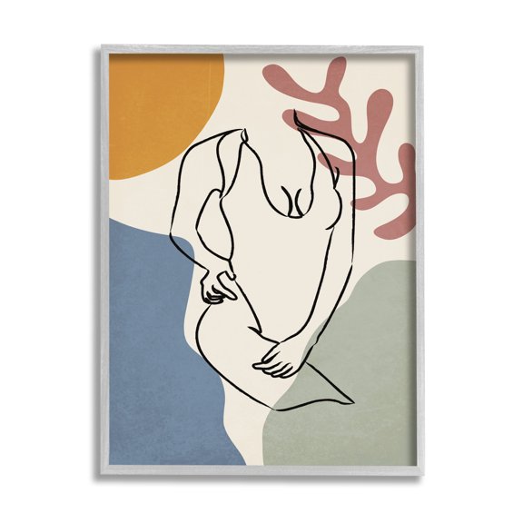 Stupell Industries Female Swimsuit Body Linework over Abstract Shapes Abstract Painting Gray Framed Art Print Wall Art, 16 x 20