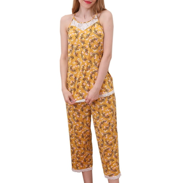 Doublju Doublju Women's Sleeveless Racerback Lace Capri Pajama 2 Pcs