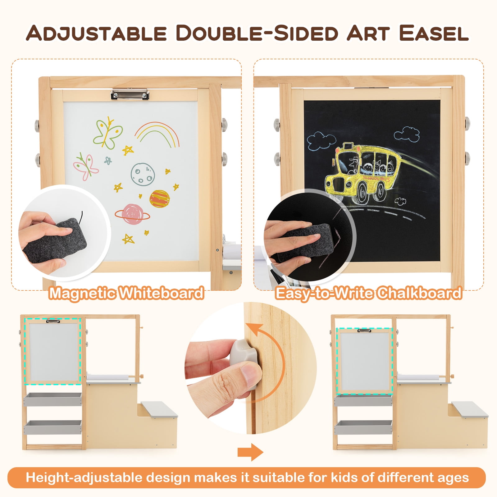 Topbuy Kids Art Easel & Table & Bench Set Multifunctional Art Center Desk with Ample Storage Adjustable Double-Sided Easel Replaceable Paper Roll Gray