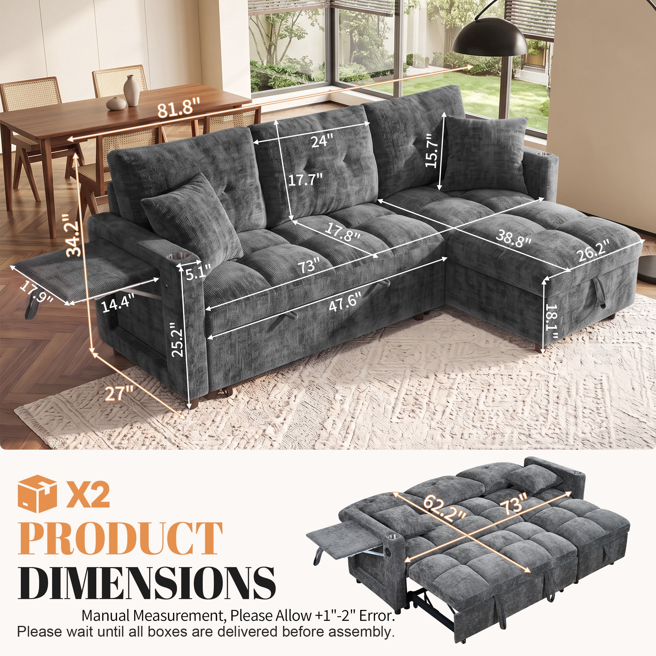 Aukfa 81" L Shape Sleeper Sectional Sofa Bed, Chenille Convertible Couch with Storage Chaise, Side Table & USB/Type-C Ports,Gray