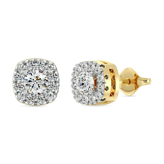 Gilded 1/2 Carat Total Weight Lab-Grown Diamond 14KT Yellow Gold Plated Silver Stud Earrings for Women, Cushion Halo Studs Hypoallergenic Fine Jewelry, Prong Setting Push Back Nut SI1 Clarity F Color