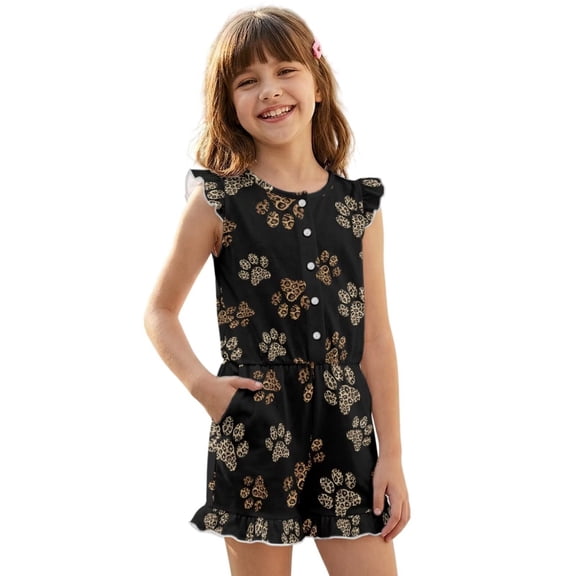 ZIATUBLE4S Leopard Paw Print Girls Summer Romper Ruffle Cap Sleeves One-Piece Short Jumpsuit Soft Comfort Kids Casual Playsuit with Pockets for 5-6 Y