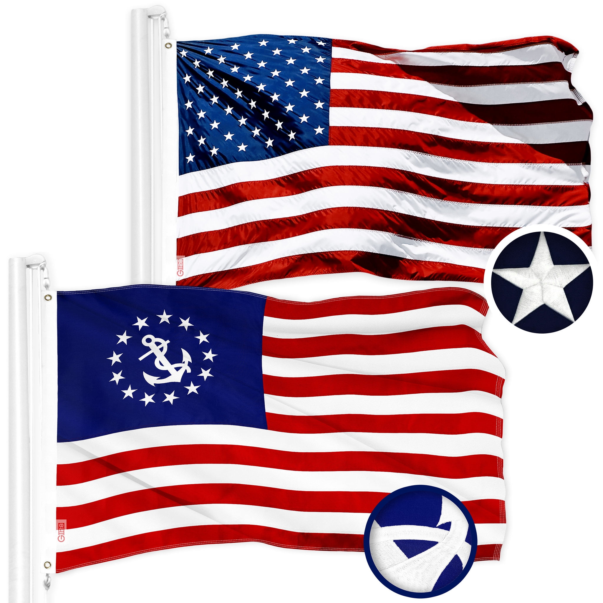G128 Combo Pack: American USA Flag 2x3 Ft  American USA Yacht Ensign Flag  2x3 Ft Both ToughWeave Series Embroidered 300D Polyester, Embroidered  Design, Indoor/Outdoor, Brass Grommets