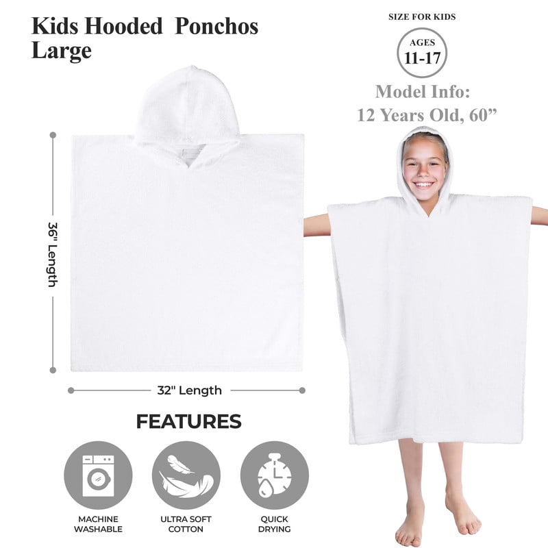 Superior Lyron Kids Cotton Terry Medium Weight Hooded Poncho Bath Towel, Large, White